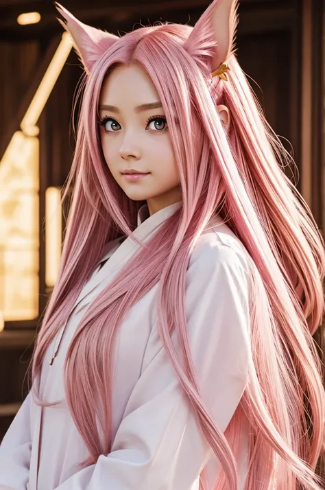 An anime with pink long hair, golden eyes, wing ears