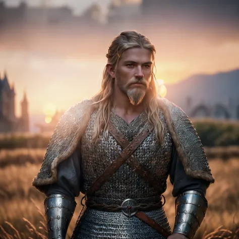 (masterpiece), (extremely intricate:1.3), (realistic), portrait of a viking man, (medieval clouthing), metal reflections, upper body, outdoors, intense sunlight, far away castle, professional photograph of a stunning woman detailed, sharp focus, dramatic, ...