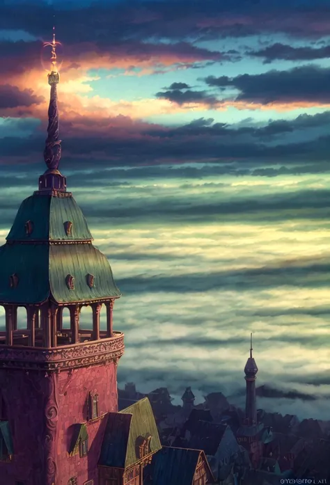 a detailed fantasy castle in the sky, glowing energy fields, sunlit clouds, dramatic lighting, swirly vibrant colors, film composition, (best qualityer,4K,8K,high resolution,work of art:1.2),ultra detali,(realisitic,photorealisitic,photo-realisitic:1.37),d...