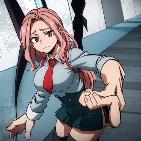 1girl, female focus, boku no hero academia, masterpiece, best quality, very aesthetic, cowboy shot, big breasts, gray jacket, red tie, white shirt, teal skirt, gray tights, boots, long curly hair, vivid orange hair, dark pink eyes