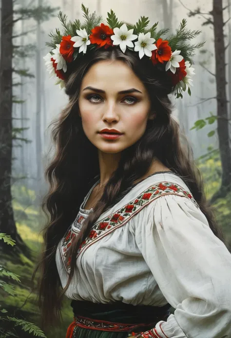 vintage poster of a beautiful slavic woman’s face in traditional slavic costume, flower crown, dancing in the forest, realistic ...