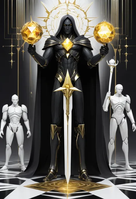 Void place, all black around, man with long goden hair golden eyes white skin, man holding a great prism with both hands, prism man is holding have white color, behind the man 8 all black humanoid figures, behind the 8 all black humanoid figures a humanoid...