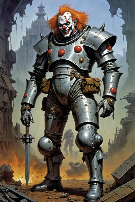 John Blanche Style - spawns the archenemy of the clown demon, Metal Alchemist Full Mechanic Suit, a full body image of a legendary hero, Intense battlefield, on the cover of an illustrated 80s fantasy RPG