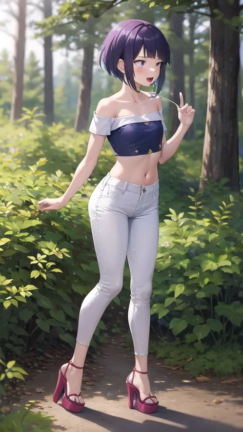 kyoka jiro, 1girl, solo, breasts, blush, short hair, bangs, simple forest background, strapless mini croptop, black tight pants,...