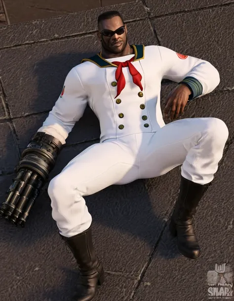 barret, dark skin male with gun arm and tattoo, sunglasses , (sailor) , full body , black boots , laying spread legs