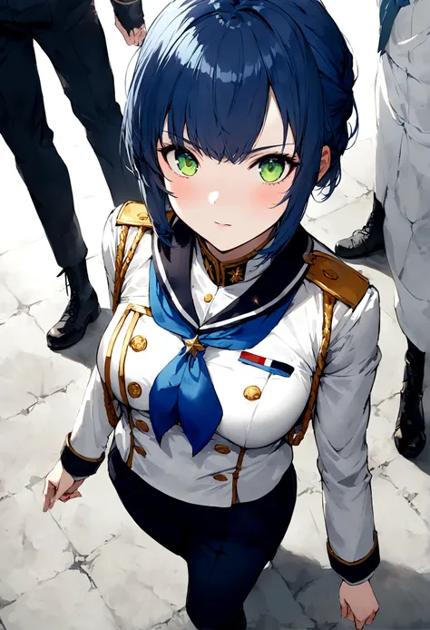 girl, short blue hair, medium breast, white military uniform, low rank, athletic, frekles, confident,white short-sleeved shirt,dark blue trousers, black boots, and a blue neckerchief., bright green eyes