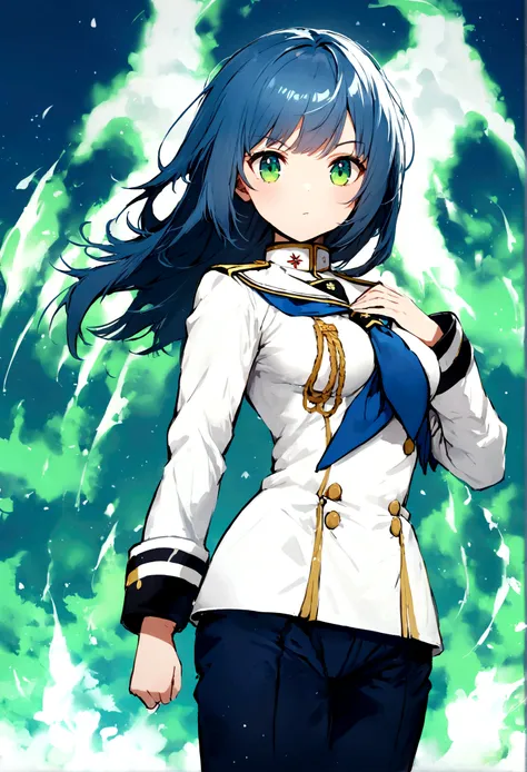 girl, short blue hair, medium breast, white military uniform, low rank, athletic, frekles, confident,white short-sleeved shirt,dark blue trousers, black boots, and a blue neckerchief., bright green eyes