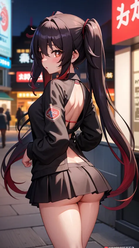 masterpiece, best quality, HuTaoV4, 1girl, solo, blush, twintails, long hair, hair between eyes, ((streetwear clothes)), city, outdoors, night, movie poster, extremely detailed 8K, smooth, high resolution, ultra quality, cinematic lighting, ambient occlusi...