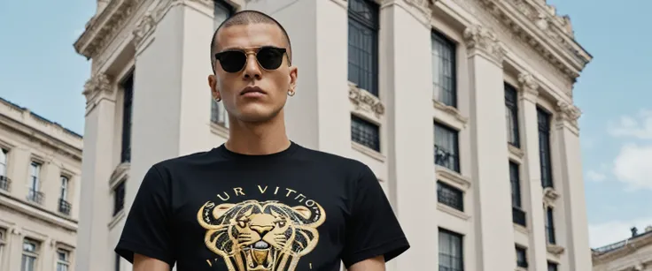 a man standing in front of a tall building, he is wearing a black tshirt, Portrait in medium plane, wearing a black tshirt, wearing a black tshirt, official vuitton editorial, survive streetwear collection, wearing black tee, official versace editorial