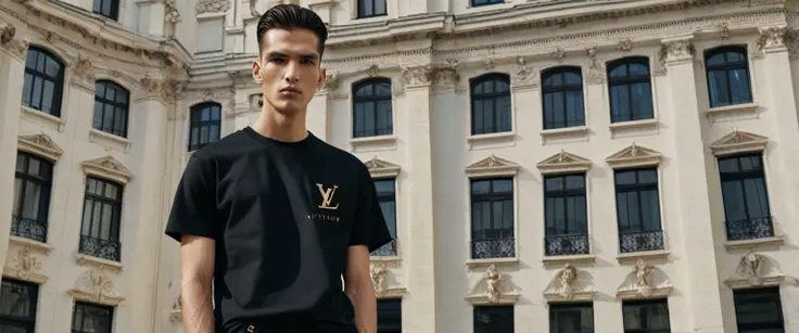 a man standing in front of a tall building, he is wearing a black tshirt, Portrait in medium plane, wearing a black tshirt, wearing a black tshirt, official vuitton editorial, survive streetwear collection, wearing black tee, official versace editorial