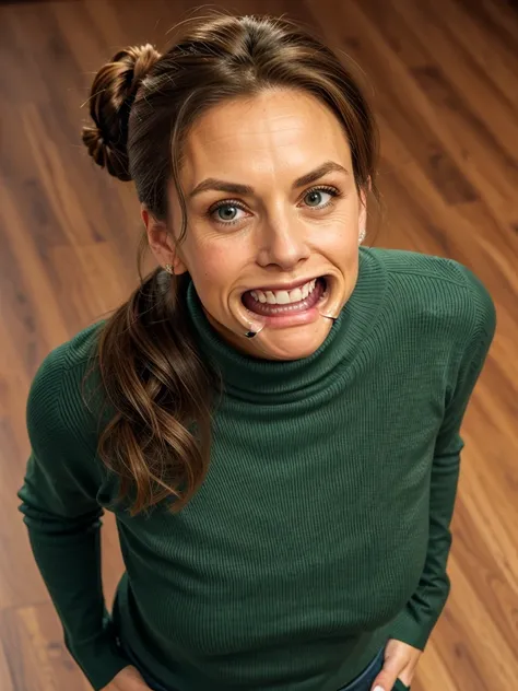 photo of a skinny very old wrinkly-faced faced mature submissive wife messy long hair thrown into a messy bun ponytail. She wears: (turtleneck high ribbed dark green tight sweater:1.1), submissive seductive pose, high tight ribbed neck, seductive smile, pe...