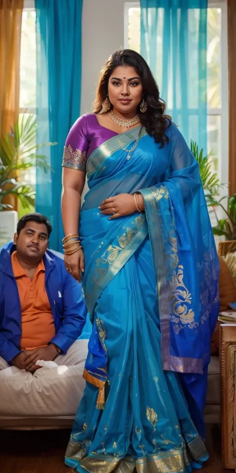 A radiant, full-figured plus sized South Indian 45 year old bride wearing a transparent blue colour silky saree standing hugging and kissing a 23 year old boy in a living room, , captured in a full-body image with vibrant hues and meticulous details. Full ...