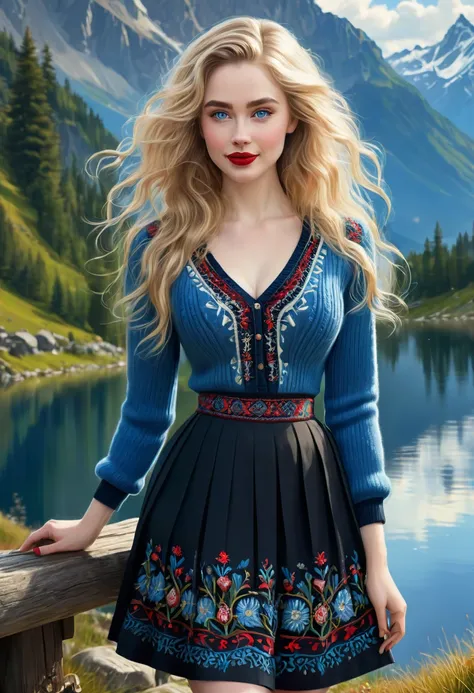 Blonde Woman, Messy Hair, Pale Skin, Red Lips, Overlooking Mountain Valley, Alpine Lake. Dress Wth Woodcut Patterns, Black Knee-Length Pleated Skirt Wth Blue Embroidery, Norwegian V Neck Sweater With Rosemaled Designs. Midriff Wide Smile, Eyes Detailed & W...