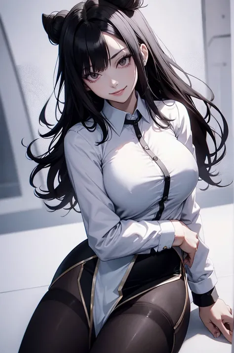 juri han, work of art, tight white secretary shirt with black tie, black high waist skirt, short skirt,stocking, black hair, black tights,evil smile,office,franja nos olhos,iluminação,chifre de cabelos,visão de cima,olhando para cima
