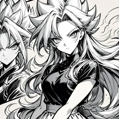 a drawing of a woman with long hair and a black top, black and white manga style, extremely detailed artgerm, android 21 , style...