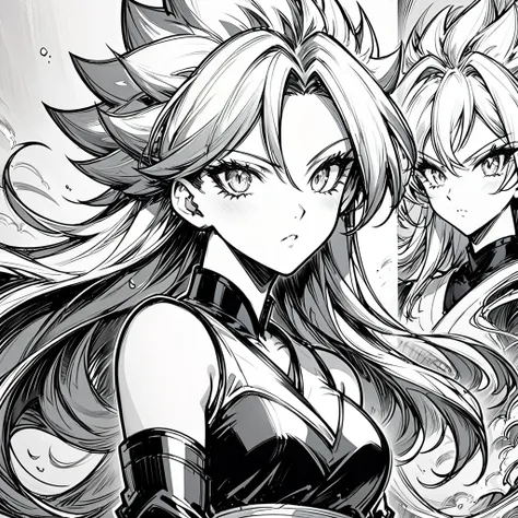 a drawing of a woman with long hair and a black top, black and white manga style, extremely detailed artgerm, android 21 , style...