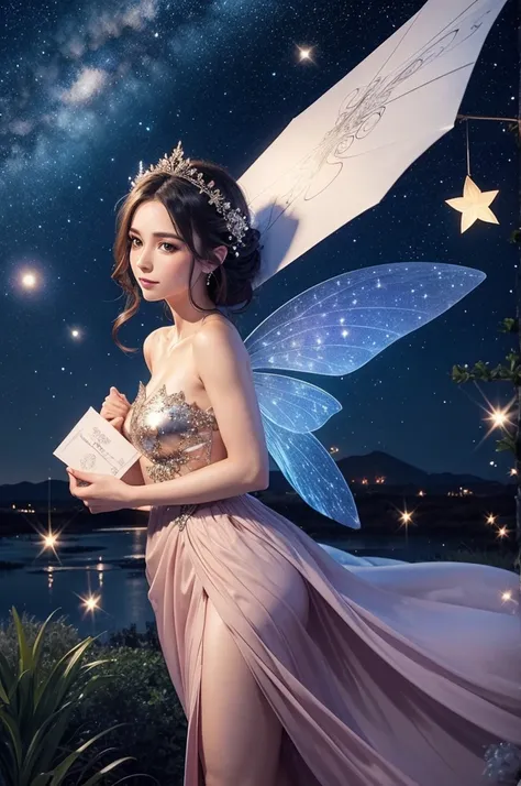 A beautiful fairy, holding a large envelope, on a beautiful, starry night