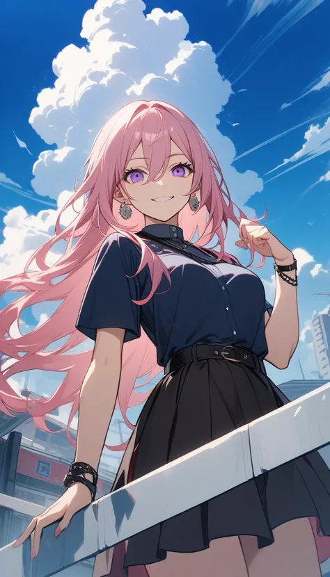 32k, 1 Girl, Solitary, Long hair, breast, Looking at the audience, Smile, Bangs, skirt, Hair between the eyes, Jewelry, medium breast, Shut up, Purple Eyes, Upper Body, Pink Hair, Short sleeve, earrings, outdoor, sky空, sky, cloud, black skirt, blue sky空,超大...