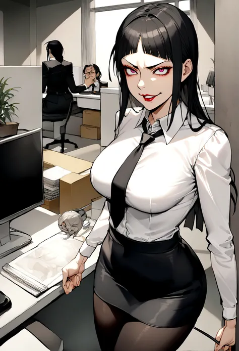 juri han, work of art, tight white secretary shirt with black tie, black high waist skirt, short skirt,stocking, black hair, black tights,evil smile,office,franja nos olhos,iluminação,chifre de cabelos,visão de cima,olhando para cima
