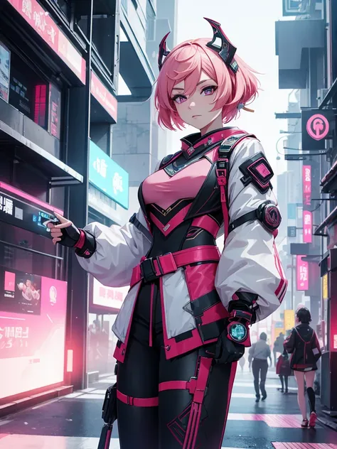 Yanfei from Genshin impact, 1girl, wearing a futuristic outfit, cyberpunk outfit, at a future city, cyberpunk look, light pink colour short hair with horns, 8k, high detailed, high quality
