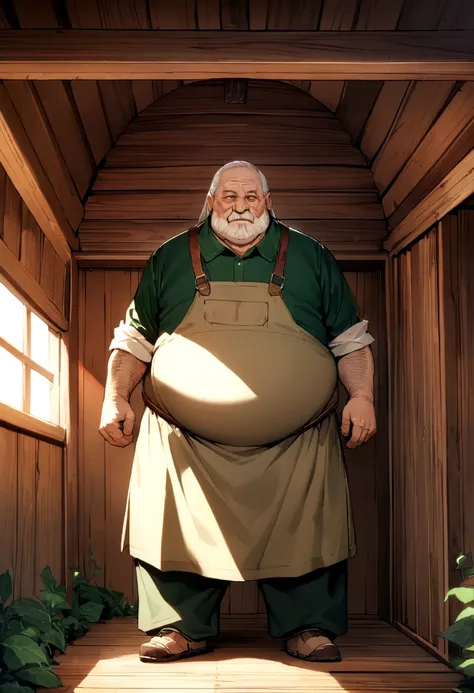 An old fat man with long hair, wearing farming clothes, trained his son to archery, set inside wooden hut. Approaching perfection, Face detailed, Long take shot, Ultra detailed, smooth, HD resolution.