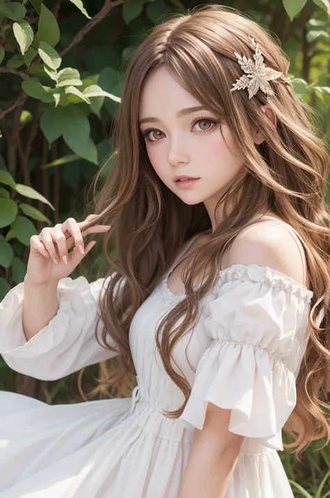  white anime realistic fairy witch of healing, medium and brown wavy hair, eyes browns, and dress