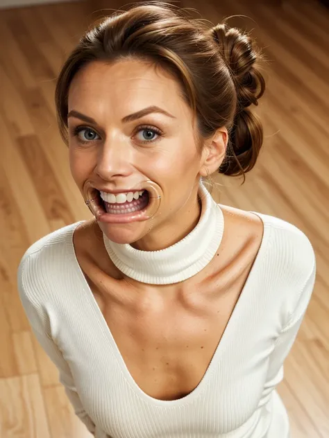 photo of a skinny very old wrinkly-faced faced mature submissive wife messy long hair thrown into a messy bun ponytail. She wears: ( full turtleneck high ribbed bright white tight sweater:1.1), submissive seductive pose, high tight ribbed neck, seductive s...