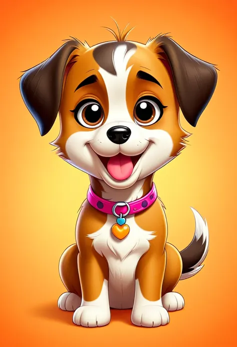 cute dog, cartoon, cute, looking at viewer, draw, orange background