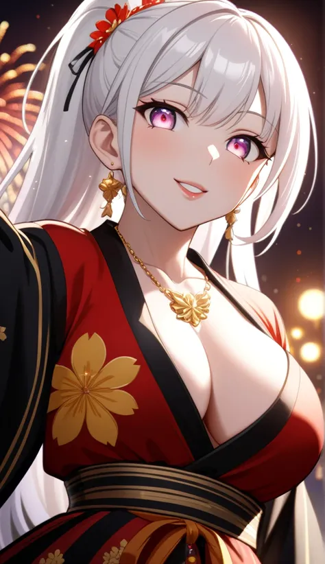 ((one personの女性)), Pretty Face,((Smile)),((Blink:1.9)),((Touch lips)), 口を大きく開けてSmile,((Bright red cheeks:1.4)),Shiny red lips,night,roof,Holiday Decorations,You can see the ocean, Fireworks,口を開けてSmile,Glossy pink lips,Facial lighting,((Anime style backgrou...