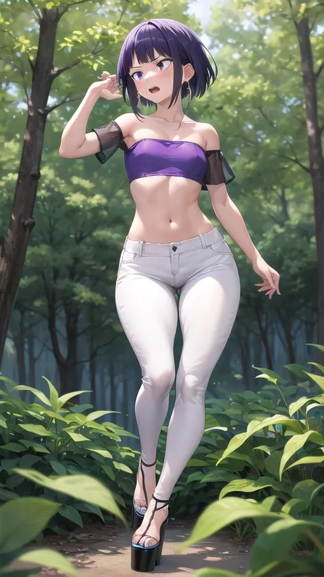 kyoka jiro, 1girl, solo, medium breasts, blush, short hair, bangs, simple forest background, strapless mini croptop, black tight pants, ((open-toe platform high heels)), open mouth, purple eyes, collarbone, full body, purple hair, short sleeves, blunt bang...