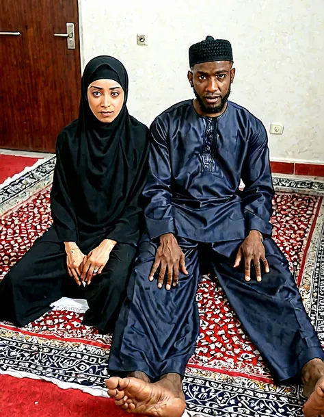 A black man sits on a Muslim woman 