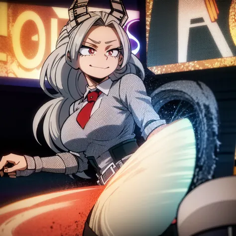 1girl, female focus, boku no hero academia, masterpiece, best quality, very aesthetic, cowboy shot, big breasts, gray jacket, red tie, white shirt, teal skirt, gray tights, boots, long curly hair, vivid orange hair, dark pink eyes, smirk