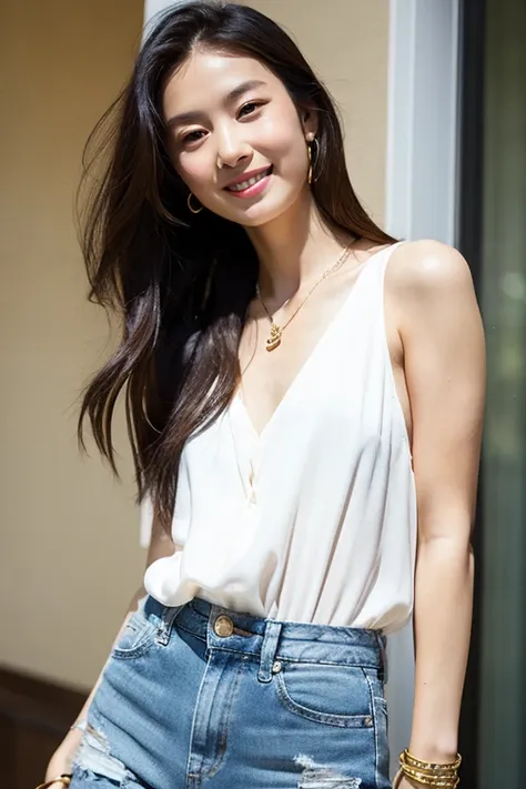 ((best quality)), ((masterpiece)), (detailed), 1girl, beautiful straight black long hair ,beautiful smile , sexy pose ,standing position , white Singlet , short blue jeans , luxury golden necklace ,luxury bracelets 