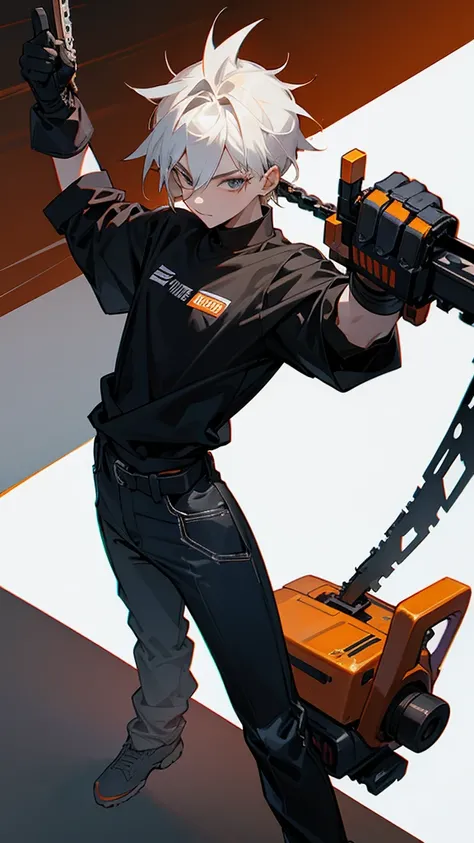 Create a 19 year old boy who is with a chainsaw and with the other hand is giving the middle finger