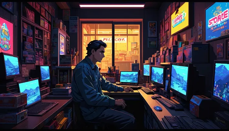 a man working hard at store until late night, detailed man with expressive face, focused expression, worn work clothes, dark room interior, neon store signs, glowing computer screens, landscape through window, pixel art style, 8k, high quality, photorealis...