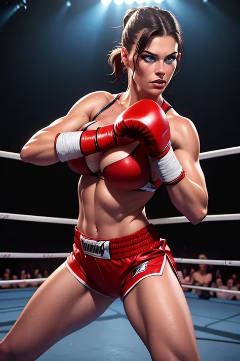 Mma fighter, 20year old woman, detailed beautiful blue eyes, detailed beautiful lips, long eyelashes, revealing fighting outfit, large breasts, full body shot, highly detailed, 8k, photorealistic, dramatic lighting, cinematic, fantasy arena, nsfw, red shor...