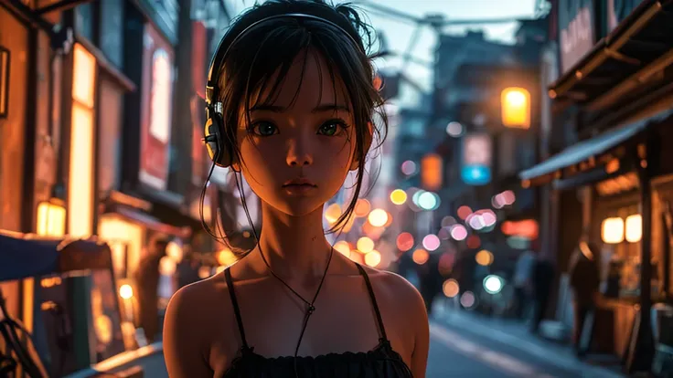 One girl,alone,One girl,alone,((Beautiful fine details)), (Detailed light),Depth of FieldHighest Quality,Ultra-high resolution,One woman,alone,summer, Black shortcuts,Green Eyes,Emotional,Headphones,Fireworks are set off,Movie world view