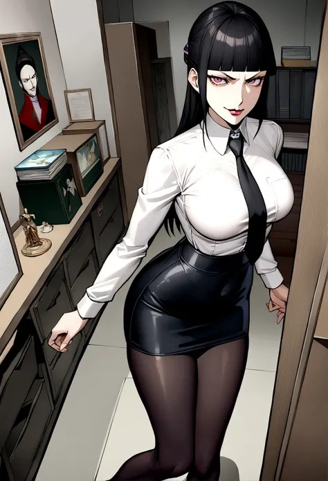 juri han, work of art, tight white secretary shirt with black tie, black high waist skirt, short skirt,stocking, black hair, black tights,evil smile,office,franja nos olhos,iluminação,chifre de cabelos,visão de cima,olhando para cima
