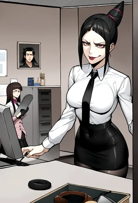 juri han, work of art, tight white secretary shirt with black tie, black high waist skirt, short skirt,stocking, black hair, black tights,evil smile,office,franja nos olhos,iluminação,chifre de cabelos,visão de cima,olhando para cima
