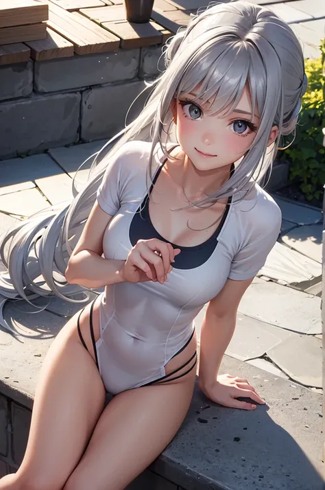 (Best Quality,High resolution,8K,finelity detailed background,Masterpiece:1.2),beautiful girl,Glossy romance gray hair,pony tail,Gray eyes,Gentle look,A refreshing look,Best quality,Best Quality,Aesthetic and aesthetic:1.2,Best details((Super detailed))(Hi...