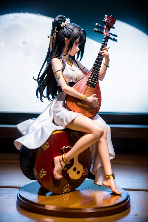 1girl,instrument,jewelry,barefoot,anklet,black hair,moon,solo,dress,necklace,bracelet,white dress,earrings,feet,sitting,bare sho...