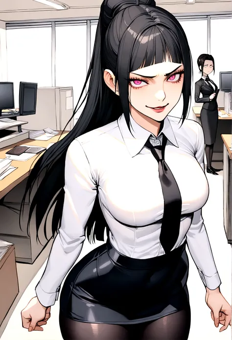 juri han, work of art, tight white secretary shirt with black tie, black high waist skirt, short skirt,stocking, black hair, black tights,evil smile,office,franja nos olhos,iluminação,chifre de cabelos,visão de cima,olhando para cima
