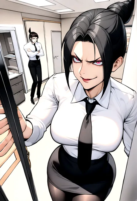 juri han, work of art, tight white secretary shirt with black tie, black high waist skirt, short skirt,stocking, black hair, black tights,evil smile,office,franja nos olhos,iluminação,chifre de cabelos,visão de cima,olhando para cima
