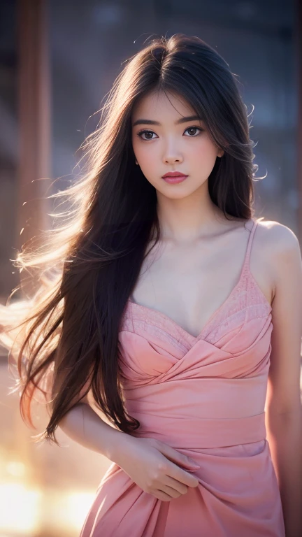 a beautiful young woman with small breasts, delicate facial features, rosy blush on cheeks, serene expression, long flowing hair, intricate hairstyle, elegant pose, ethereal atmosphere, pastel colors, natural lighting, soft focus, digital art, highly detai...