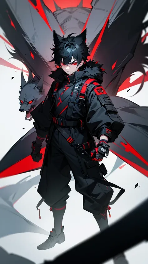 Create a 16 year old boy ,black fur,Red eyes,is angry,black and futuristic clothing 