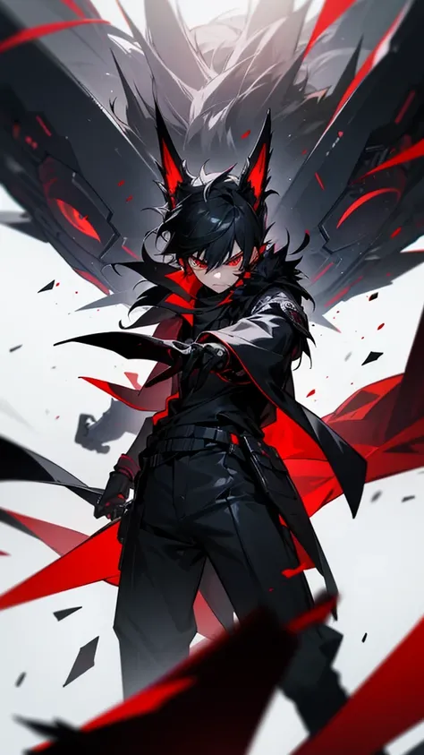 Create a 16 year old boy ,black fur,Red eyes,is angry,black and futuristic clothing 