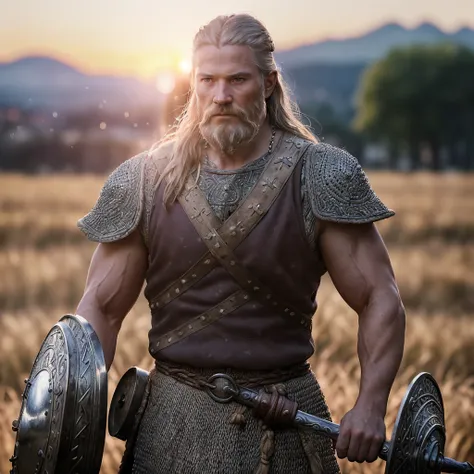 (masterpiece), (extremely intricate:1.3), (realistic), portrait of a viking man, (medieval clouthing), upper body, outdoors, intense sunlight, far away castle, professional photograph, viking warrior, with a shield with metalic reflection, detailed, sharp ...