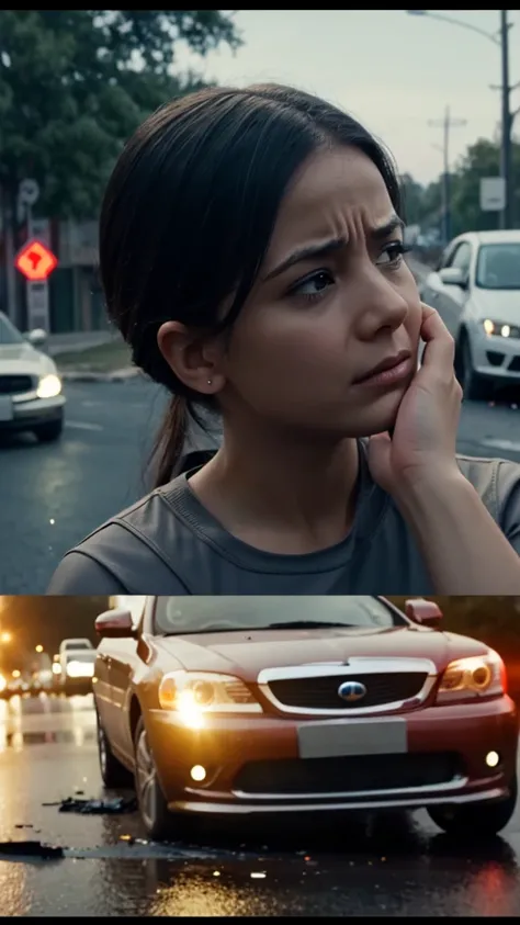 Show a cinematic scene of a car accident in slow motion, then transition to a person reflecting with a worried expression. Overlay the scene with subtle, translucent graphics of conflicting thoughts.