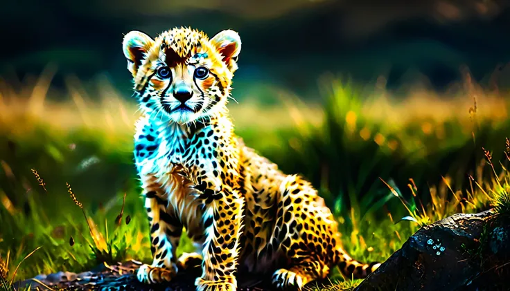 Cheetah cub on the grassland, panoramic, cinematic still, emotional, vignette, dynamic pose, vivid, (masterpiece, best quality, Professional, perfect composition, very aesthetic, absurdres, ultra-detailed, intricate details:1.3)