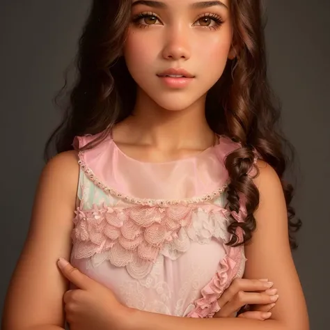 curly girl with long hair wearing a pink dress and a tiable, isabela moner, beautiful young modelo, modeling for candy and gabanna, Daphne interested, modeling session, alanis guillen, photo from a promotional shoot, beautiful young, inspired by Sophia Bea...